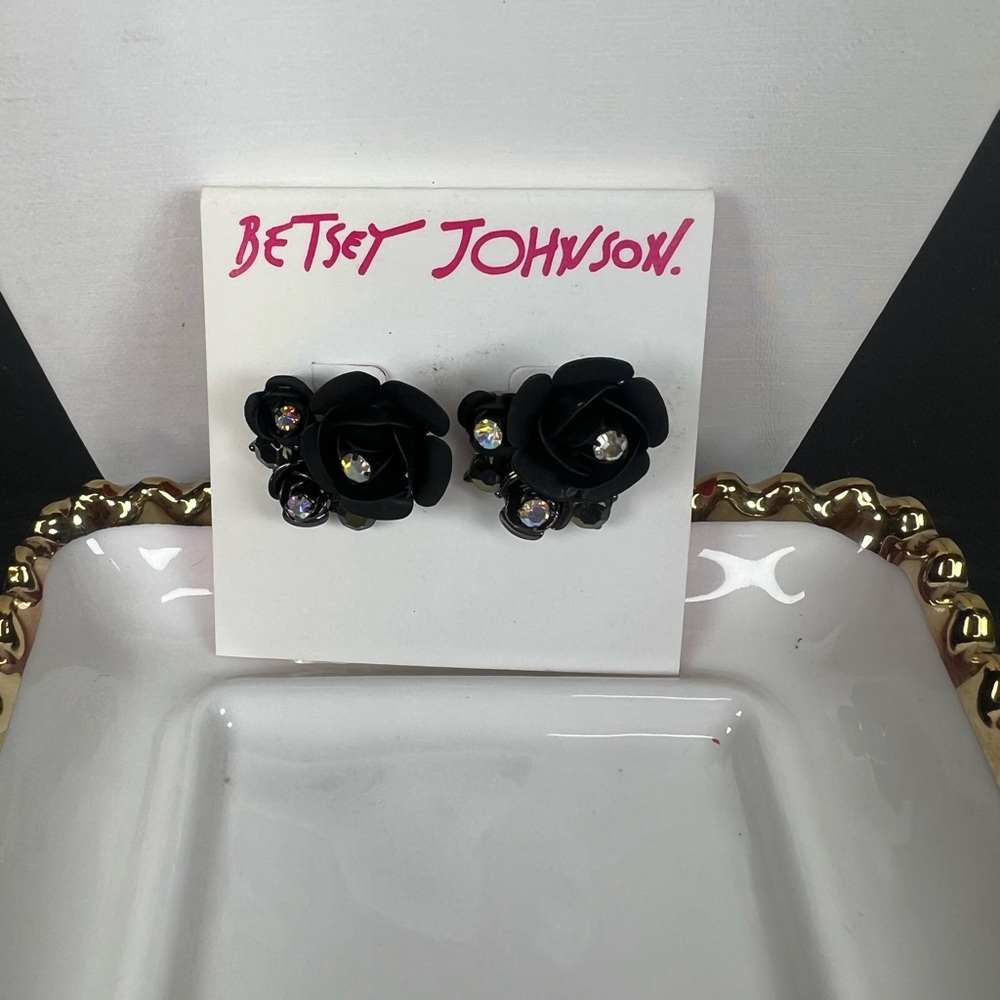 Betsey Johnson Black Floral Crystal Cluster Stud Earrings